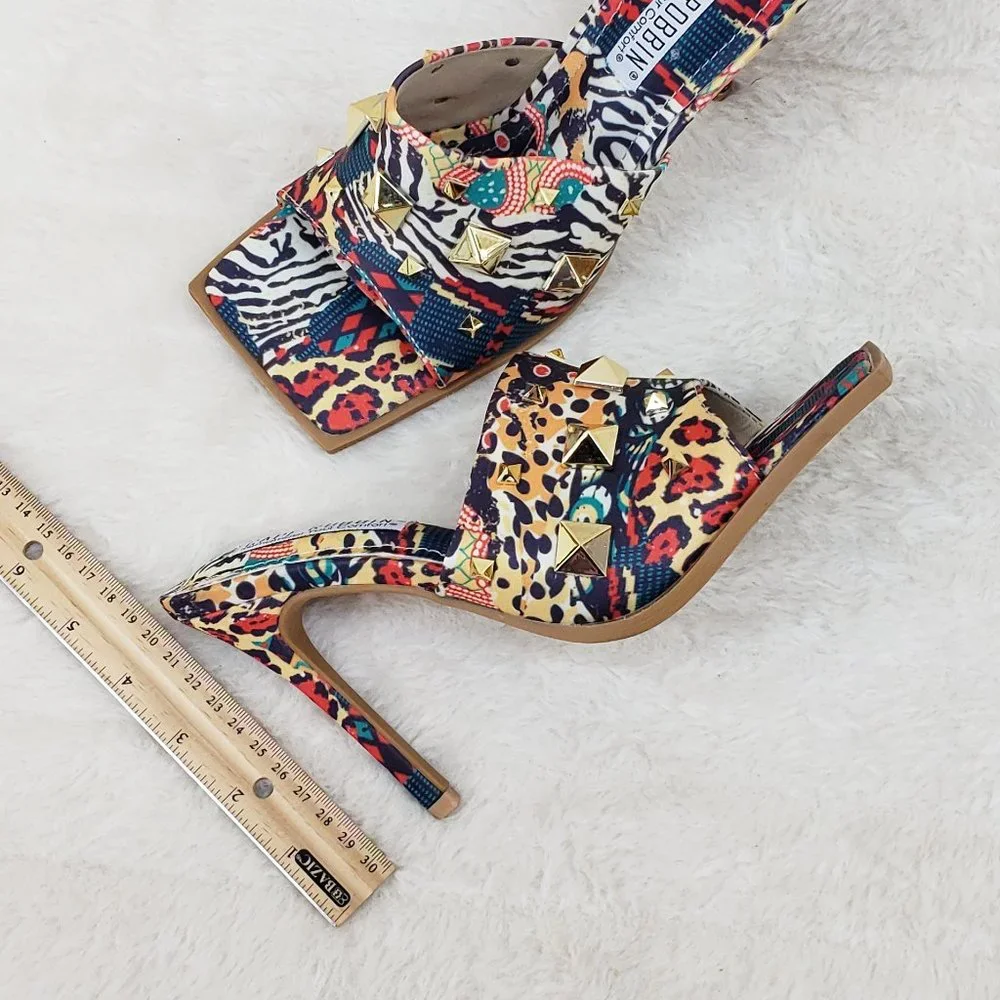 Popo Slip On Sqaure Open Toe High Heels Clogs Mules Slides  multi Color Print - Picture 9 of 9
